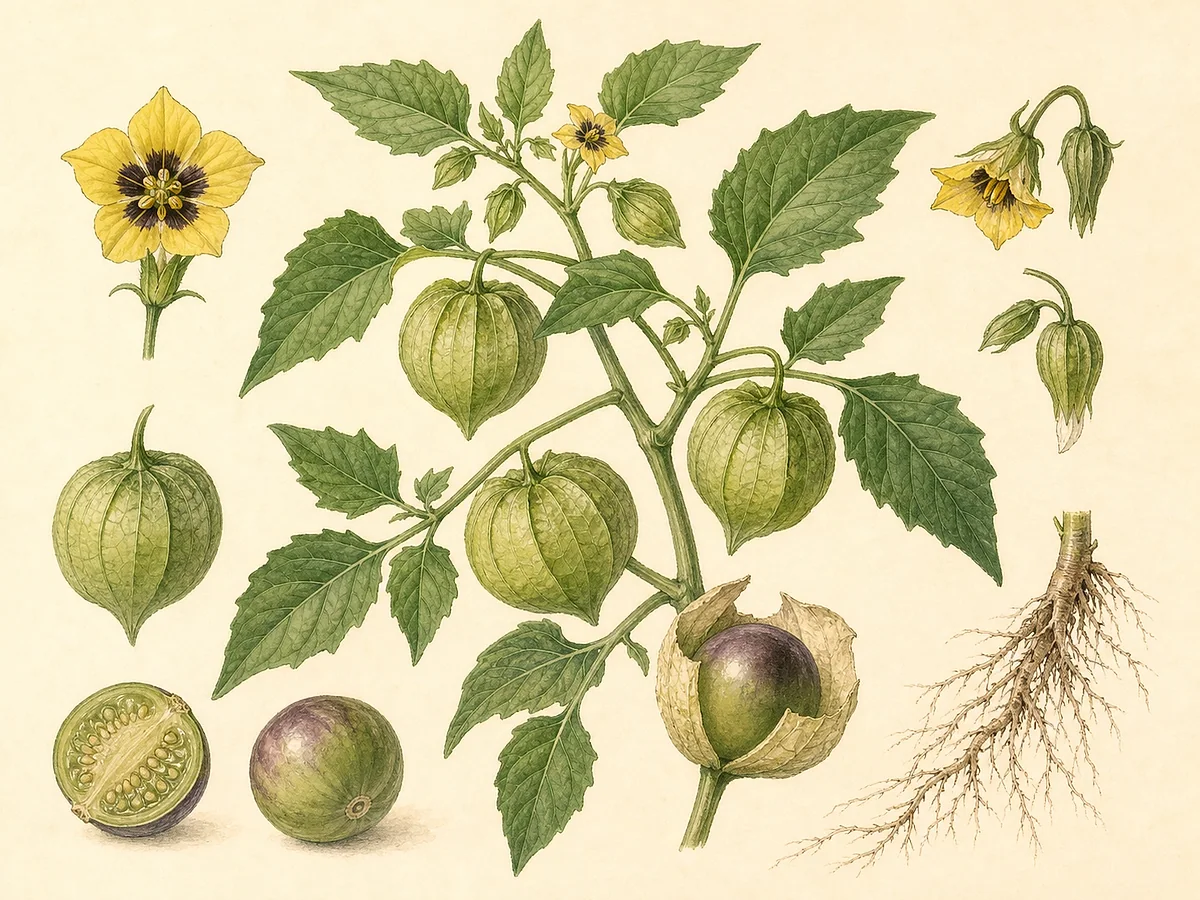 Ilustração botânica de tomatillo ramificado com flores amarelas, cálices inflados em várias fases, frutos verdes e roxos e fruto cortado