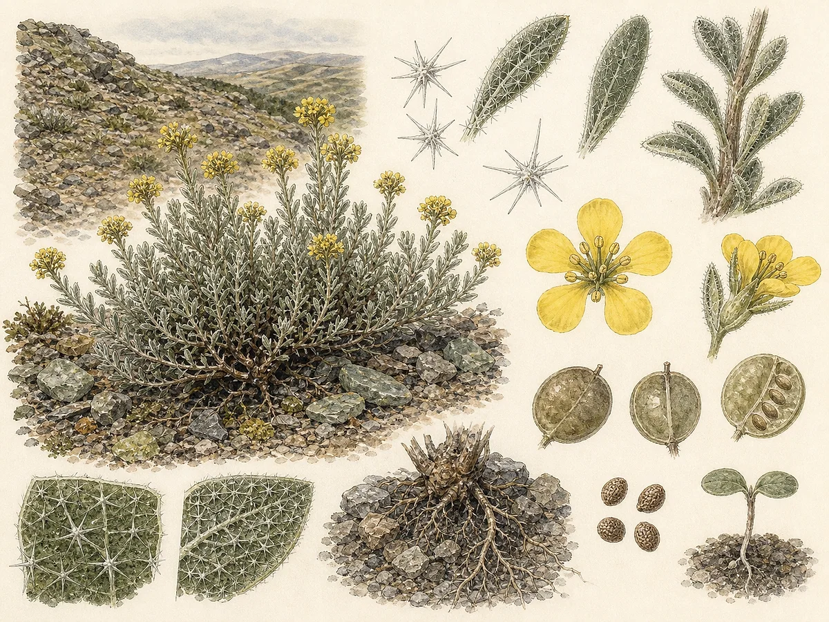 Prancha botânica de Alyssum serpyllifolium subsp. lusitanicum com subarbusto cinzento estrelado, flores amarelas e síliquas arredondadas