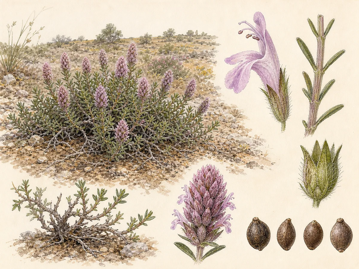 Prancha botânica de Thymus lotocephalus com subarbusto baixo, folhas estreitas, cabeças florais alongadas rosa-lilás e pequenos frutos secos
