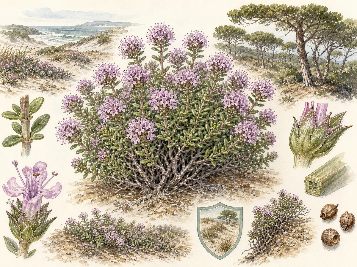 Prancha botânica de Thymus carnosus com pequeno subarbusto dunar, folhas estreitas espessas, cabeças de flores rosa-lilás, cálice e pequenos frutos