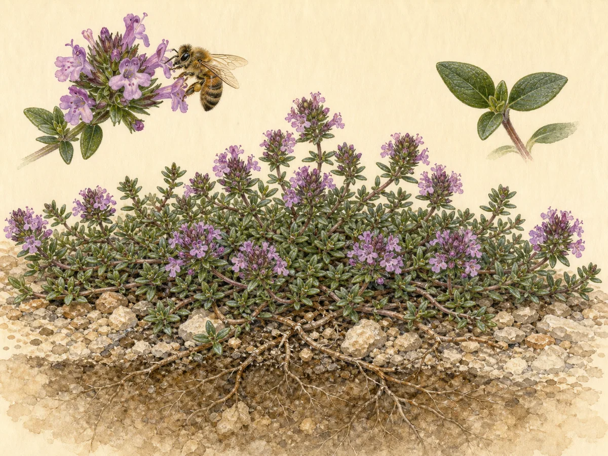 Ilustração botânica de tomilho-rasteiro com caules lenhosos prostrados, folhas minúsculas opostas, flores púrpura e raízes