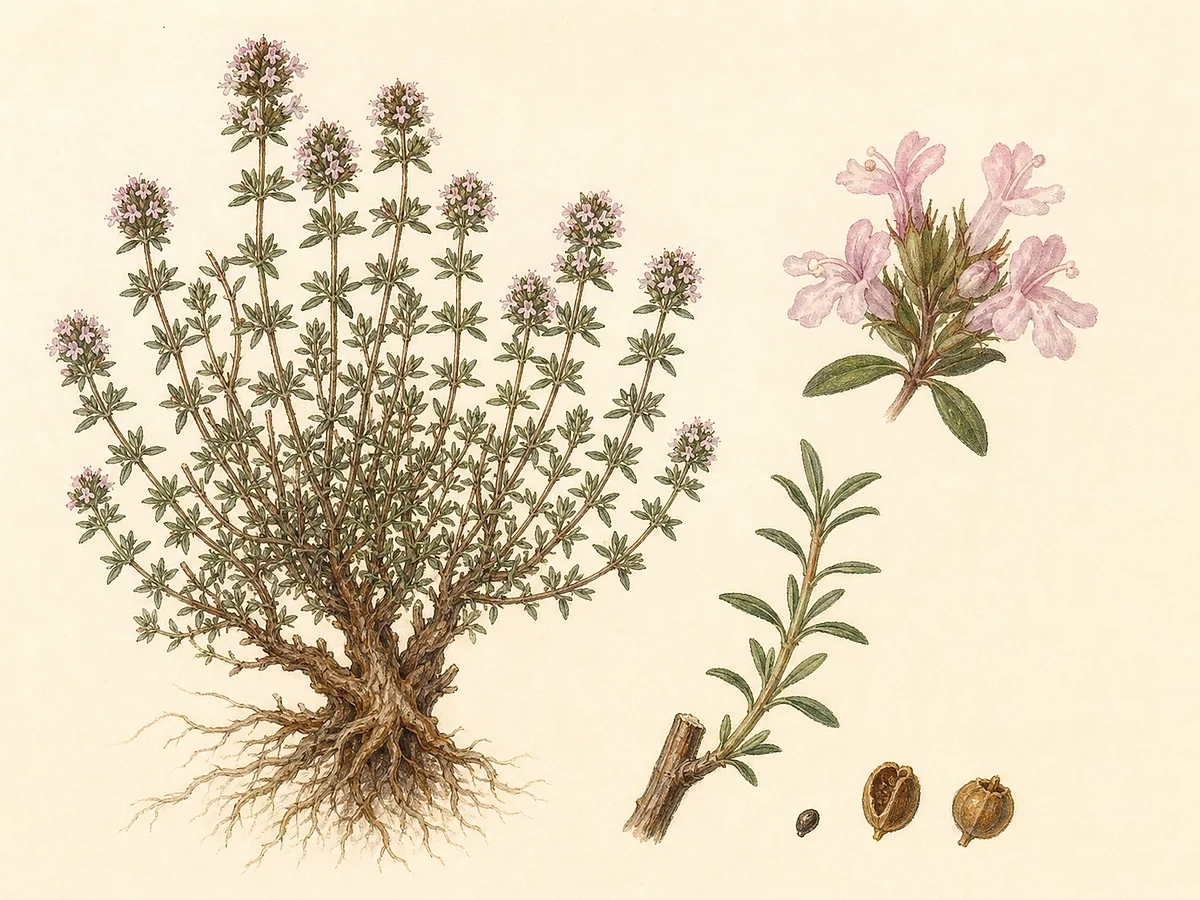 Ilustração botânica de tomilho-comum com pequeno arbusto lenhoso, folhas estreitas opostas, flores rosadas bilabiadas, frutos e ramo colhido