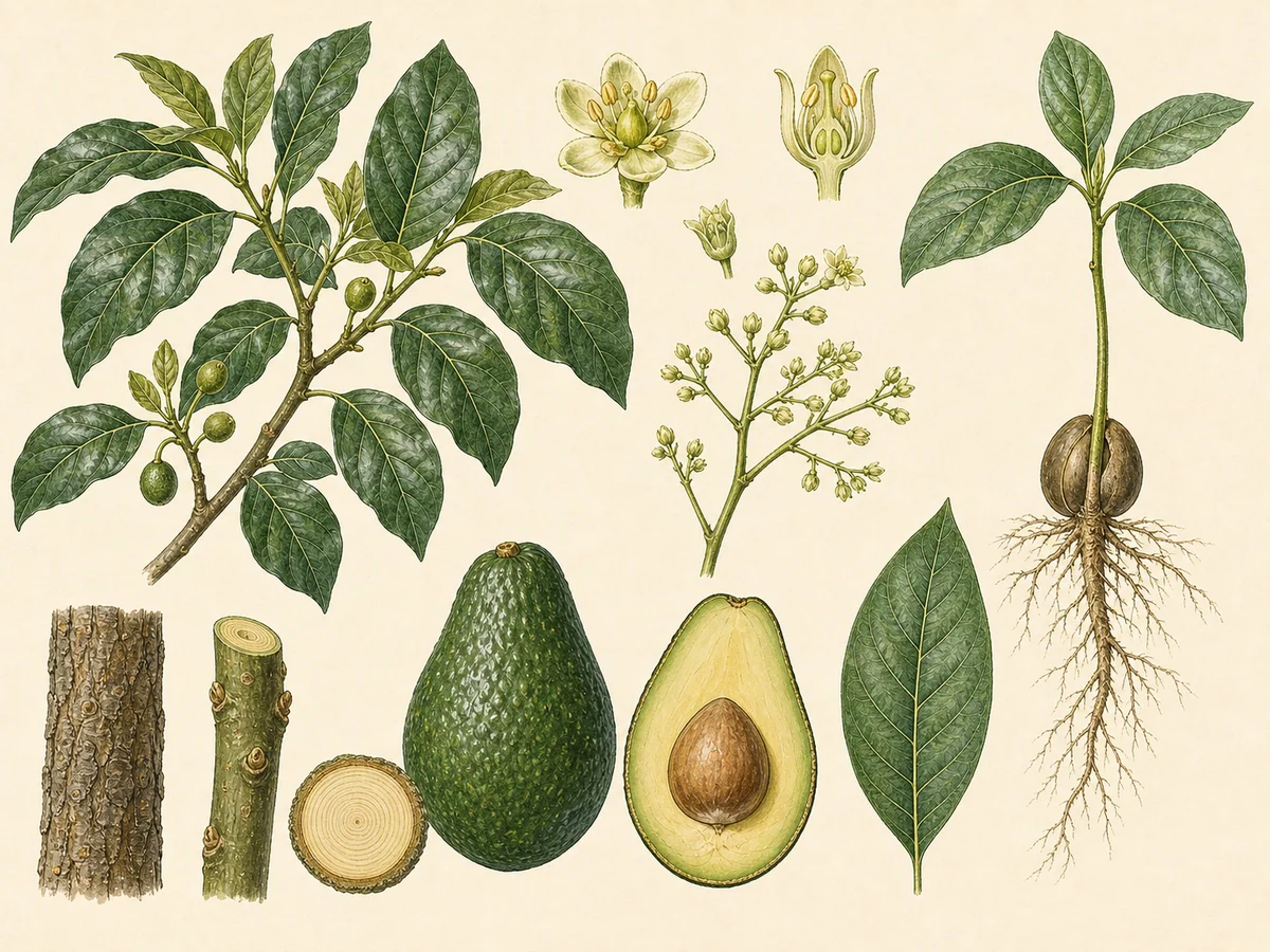 Prancha botânica complementar de Abacateiro (Persea americana) com caracteres de identificação e ciclo de vida
