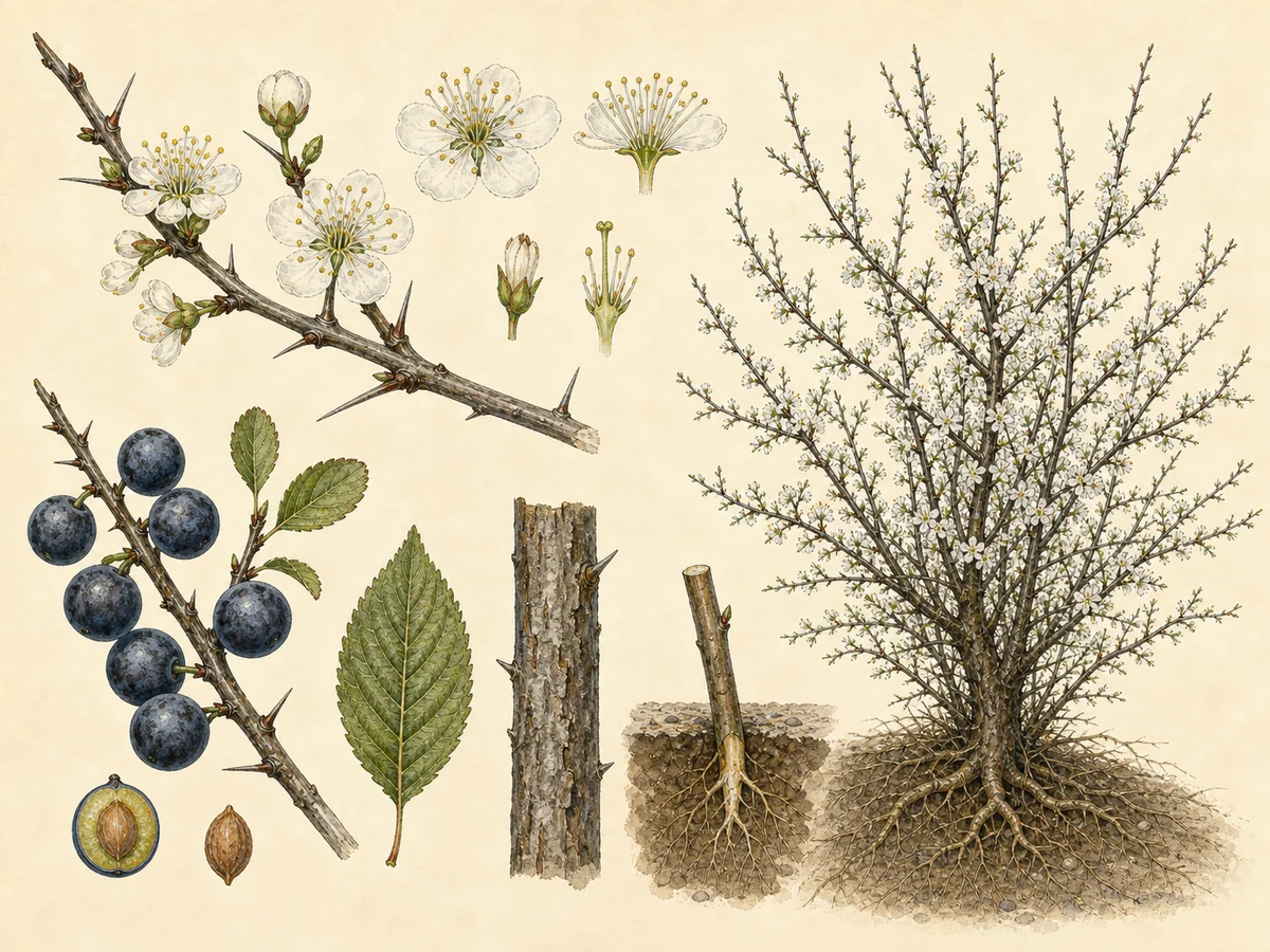 Prancha botânica complementar de Abrunheiro-bravo (Prunus spinosa) com caracteres de identificação e ciclo de vida