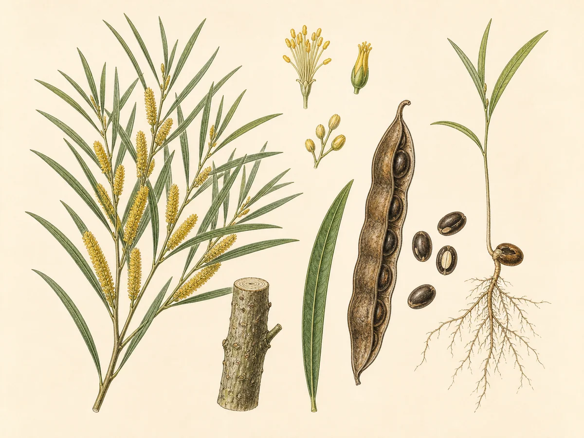 Prancha botânica complementar de Acácia-de-espigas — não plantar (Acacia longifolia) com caracteres de identificação e ciclo de vida