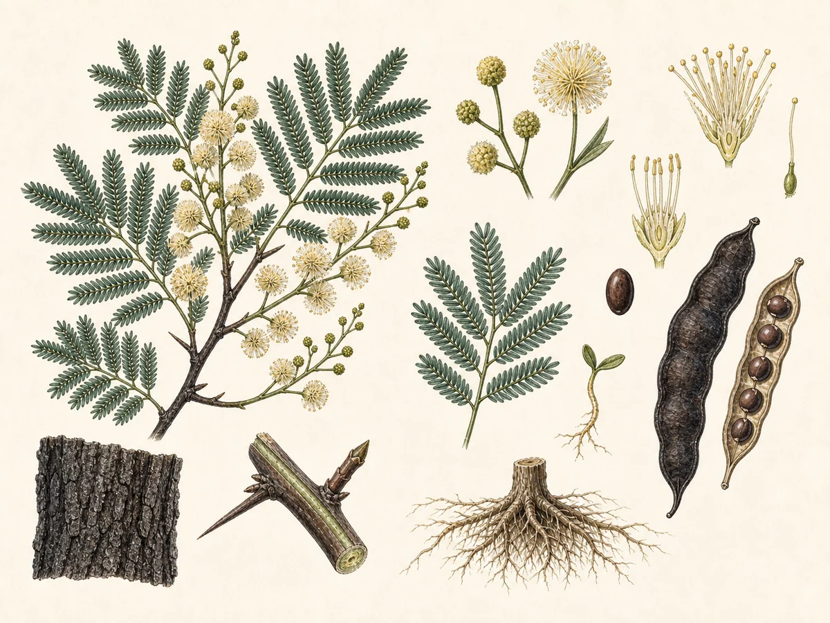 Prancha botânica complementar de Acácia-negra — não plantar (Acacia mearnsii) com caracteres de identificação e ciclo de vida