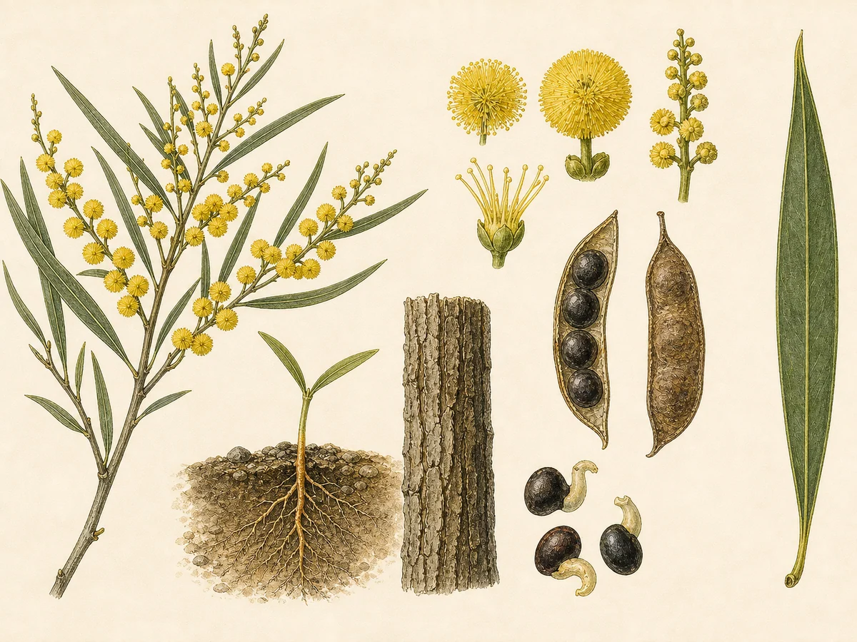 Prancha botânica complementar de Acácia-virilda (Acacia retinodes) com caracteres de identificação e ciclo de vida