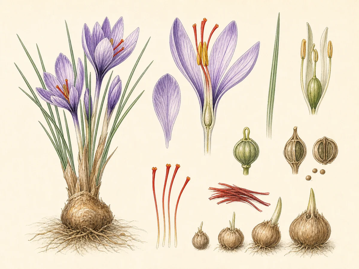 Prancha botânica complementar de Açafrão (Crocus sativus) com caracteres de identificação e ciclo de vida