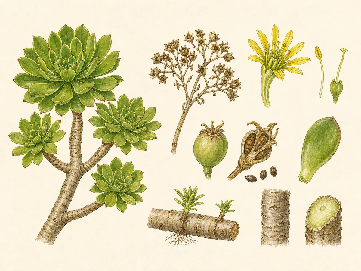 Prancha botânica complementar de Aeónio-arbóreo (Aeonium arboreum) com caracteres de identificação e ciclo de vida