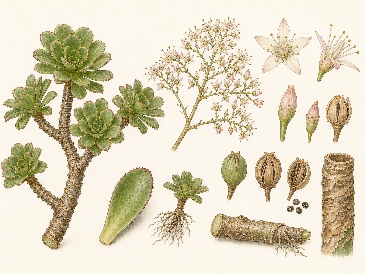 Prancha botânica complementar de Aeónio-de-Haworth (Aeonium haworthii) com caracteres de identificação e ciclo de vida