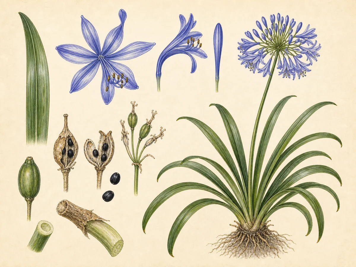 Prancha botânica complementar de Agapanto — cultivo condicionado na Madeira (Agapanthus praecox subsp. orientalis) com caracteres de identificação e ciclo de vida