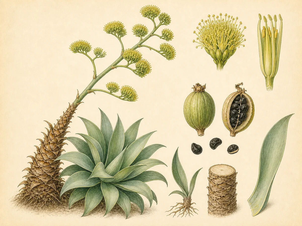 Prancha botânica complementar de Agave-atenuada (Agave attenuata) com caracteres de identificação e ciclo de vida