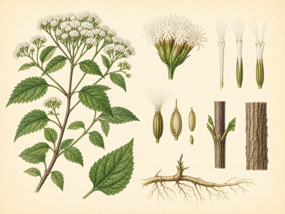 Prancha botânica complementar de Ageratina (Ageratina adenophora) com caracteres de identificação e ciclo de vida