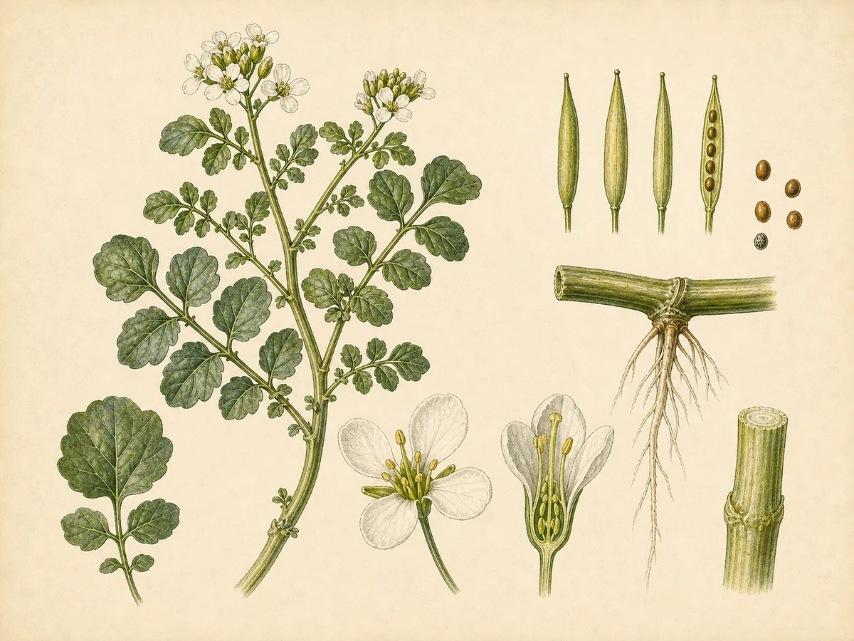 Prancha botânica complementar de Agrião-de-água (Nasturtium officinale) com caracteres de identificação e ciclo de vida