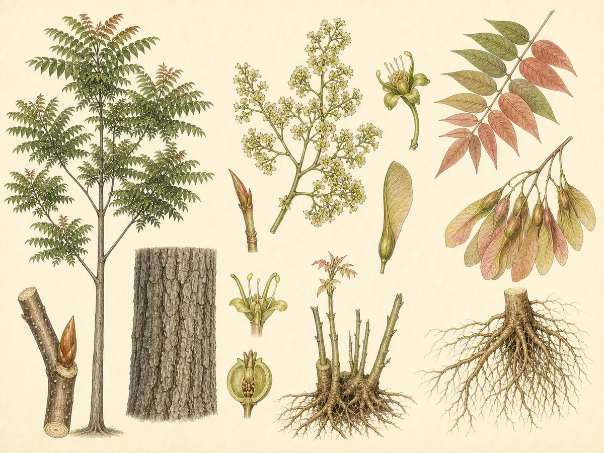 Prancha botânica complementar de Ailanto — não plantar (Ailanthus altissima) com caracteres de identificação e ciclo de vida