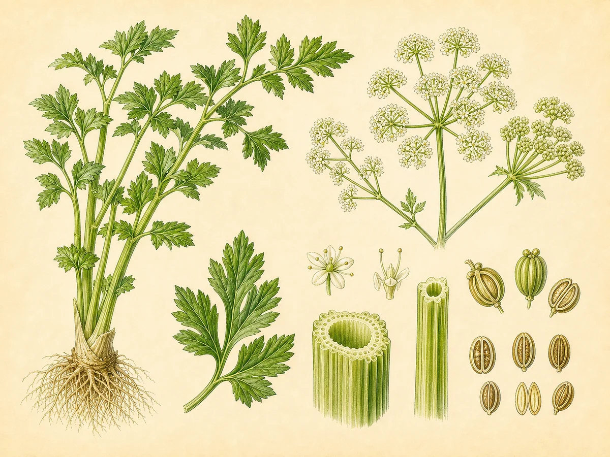 Prancha botânica complementar de Aipo (Apium graveolens var. dulce) com caracteres de identificação e ciclo de vida