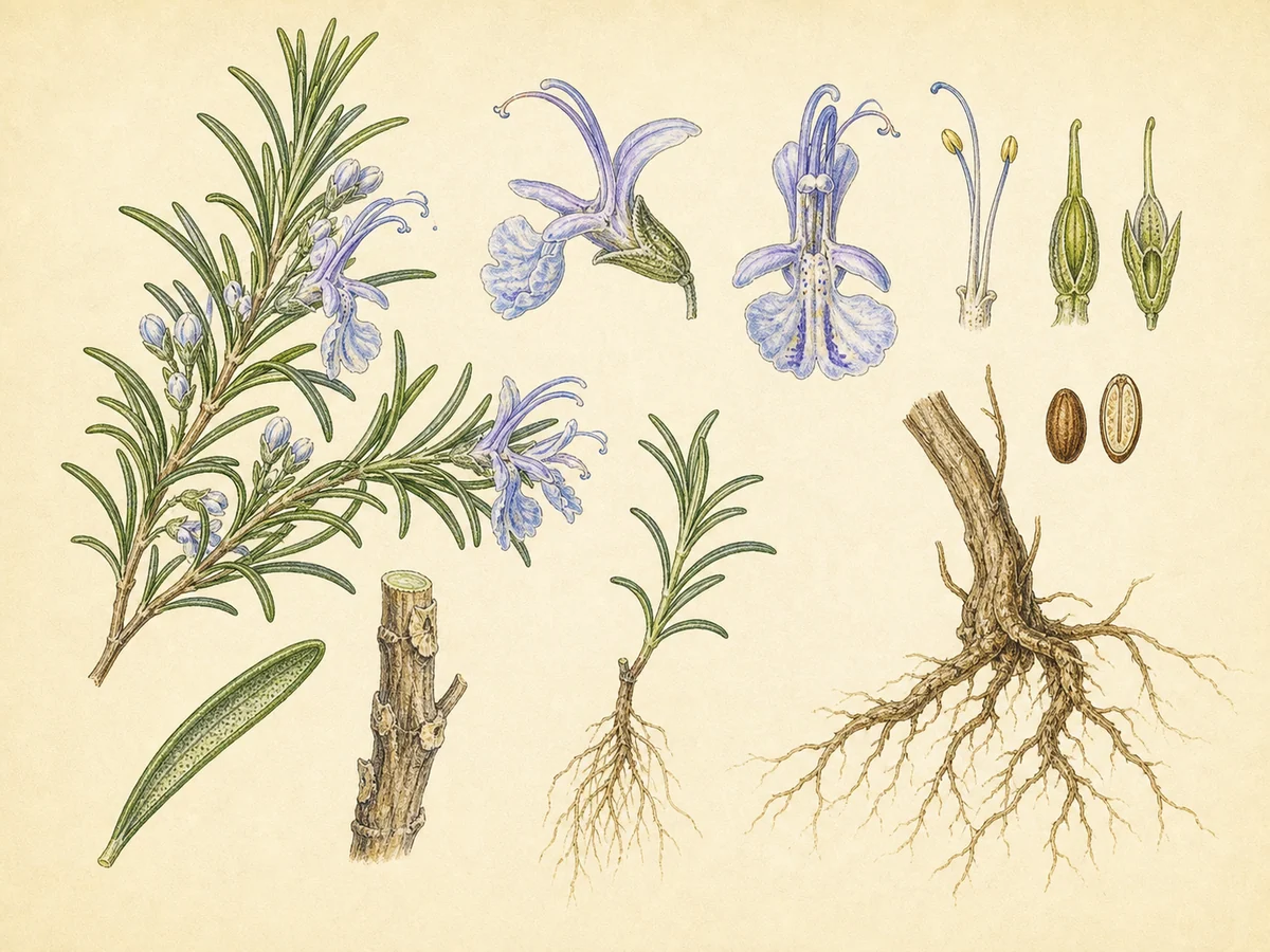 Prancha botânica complementar de Alecrim (Salvia rosmarinus) com caracteres de identificação e ciclo de vida