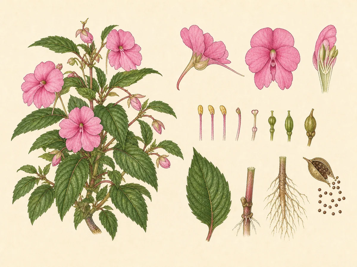 Prancha botânica complementar de Alegria-do-lar (Impatiens walleriana) com caracteres de identificação e ciclo de vida