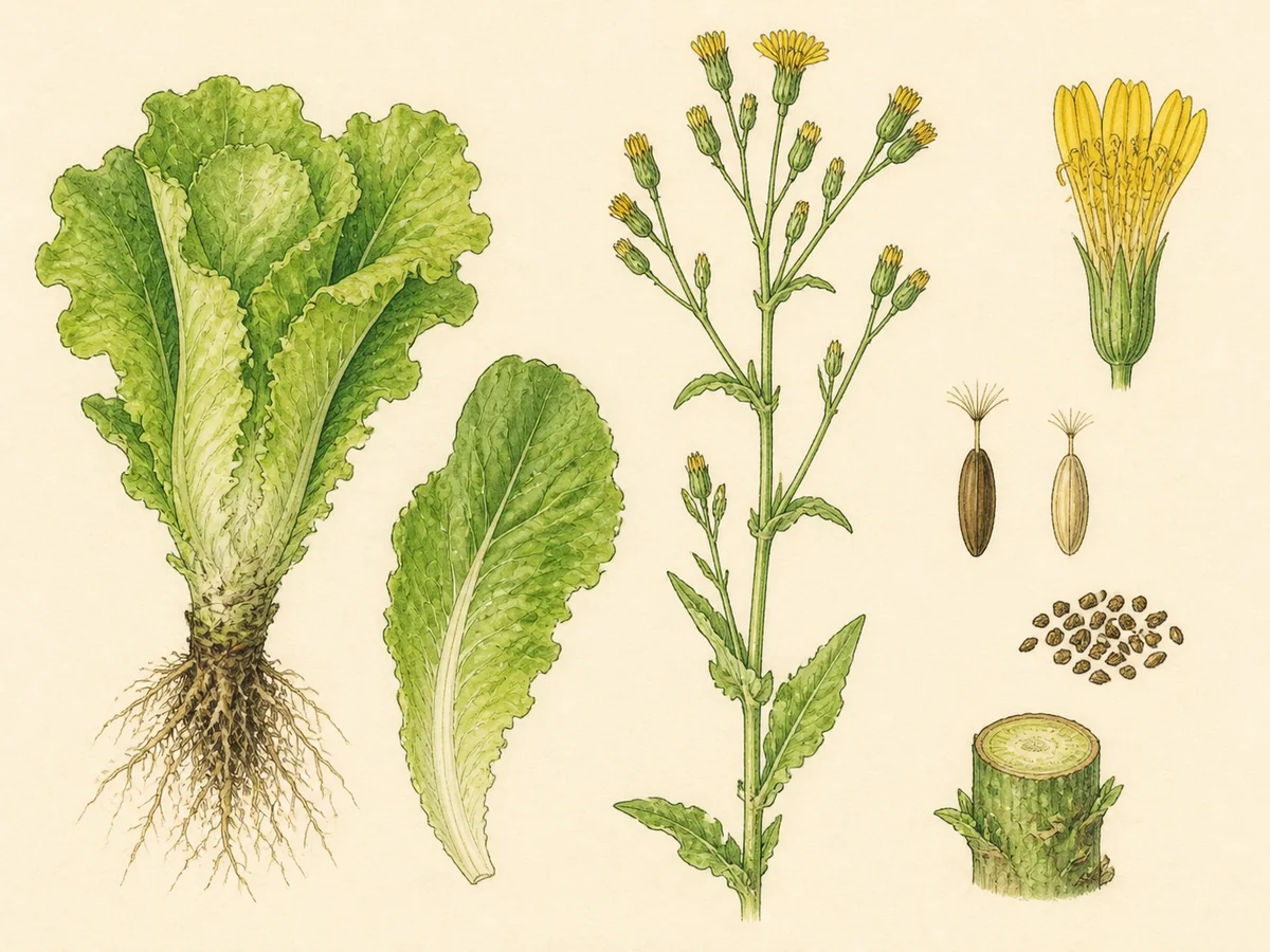 Prancha botânica complementar de Alface (Lactuca sativa) com caracteres de identificação e ciclo de vida