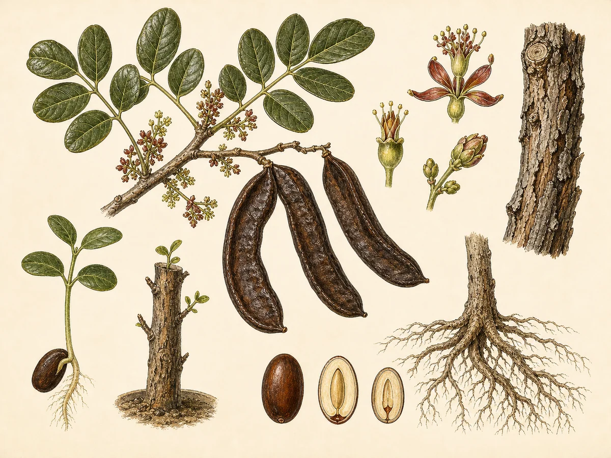 Prancha botânica complementar de Alfarrobeira (Ceratonia siliqua) com caracteres de identificação e ciclo de vida