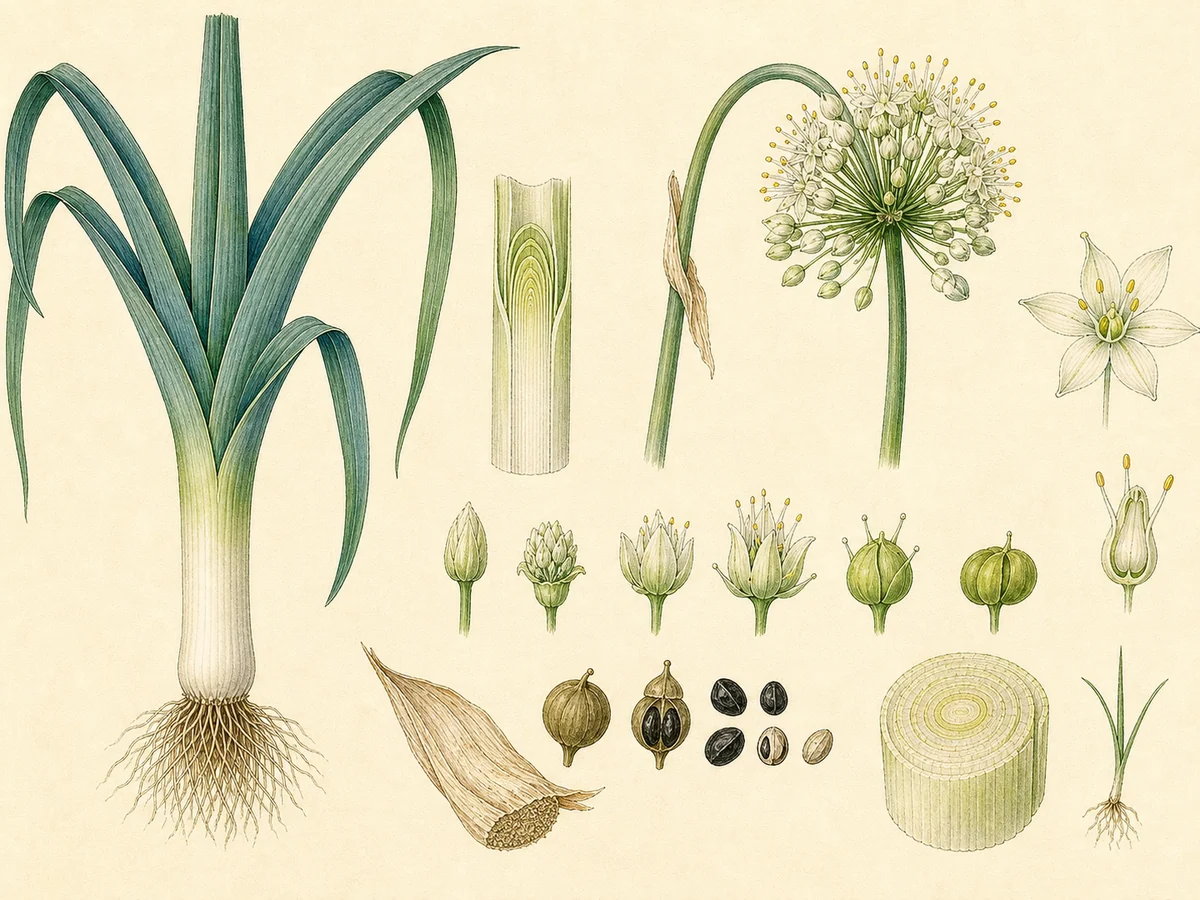 Prancha botânica complementar de Alho-francês (Allium ampeloprasum var. porrum) com caracteres de identificação e ciclo de vida