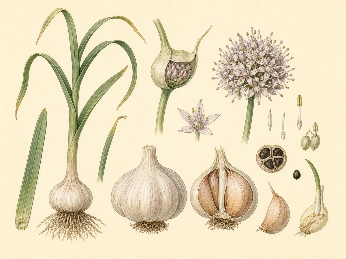 Prancha botânica complementar de Alho (Allium sativum) com caracteres de identificação e ciclo de vida
