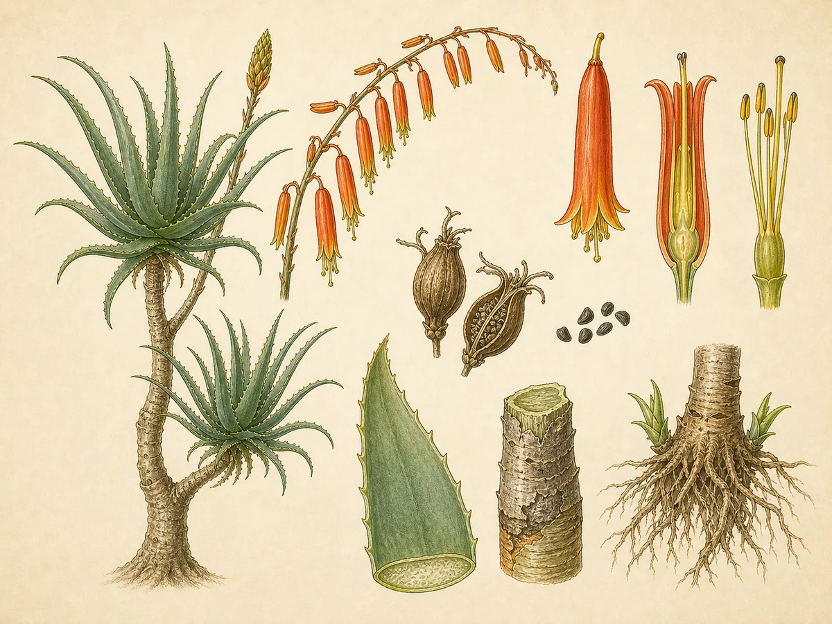 Prancha botânica complementar de Aloé-arborescente (Aloe arborescens) com caracteres de identificação e ciclo de vida