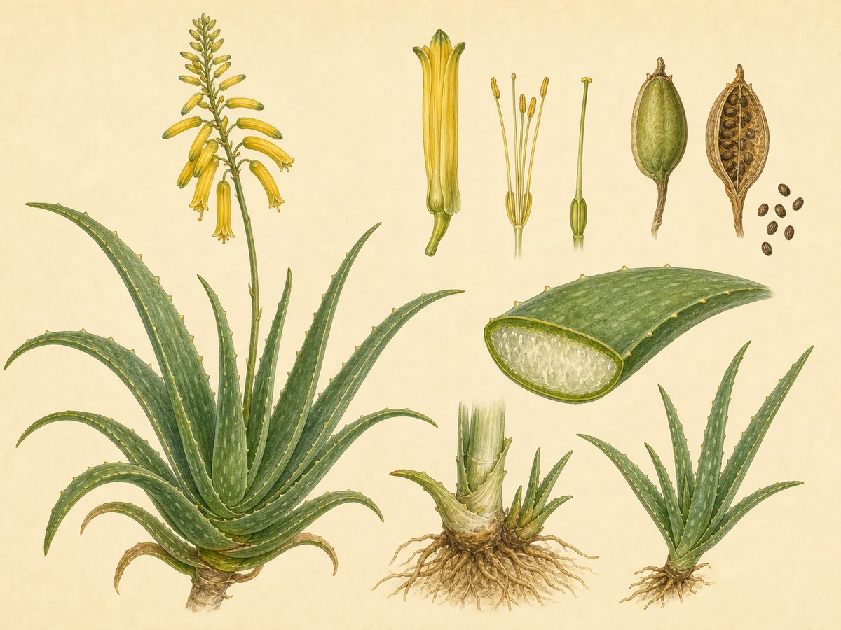 Prancha botânica complementar de Aloé-vera (Aloe vera) com caracteres de identificação e ciclo de vida
