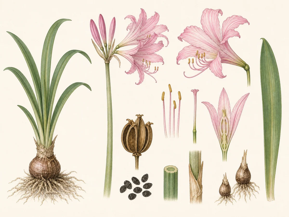 Prancha botânica complementar de Amarílis-beladona (Amaryllis belladonna) com caracteres de identificação e ciclo de vida