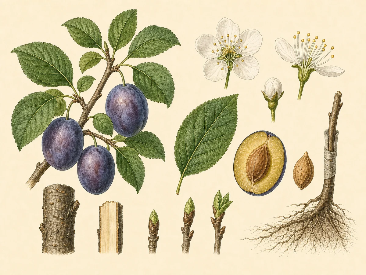 Prancha botânica complementar de Ameixeira (Prunus domestica) com caracteres de identificação e ciclo de vida
