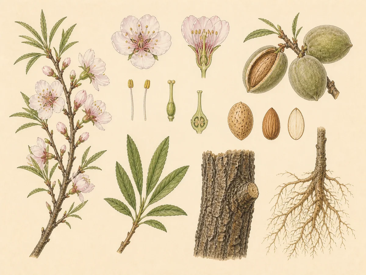Prancha botânica complementar de Amendoeira (Prunus dulcis) com caracteres de identificação e ciclo de vida