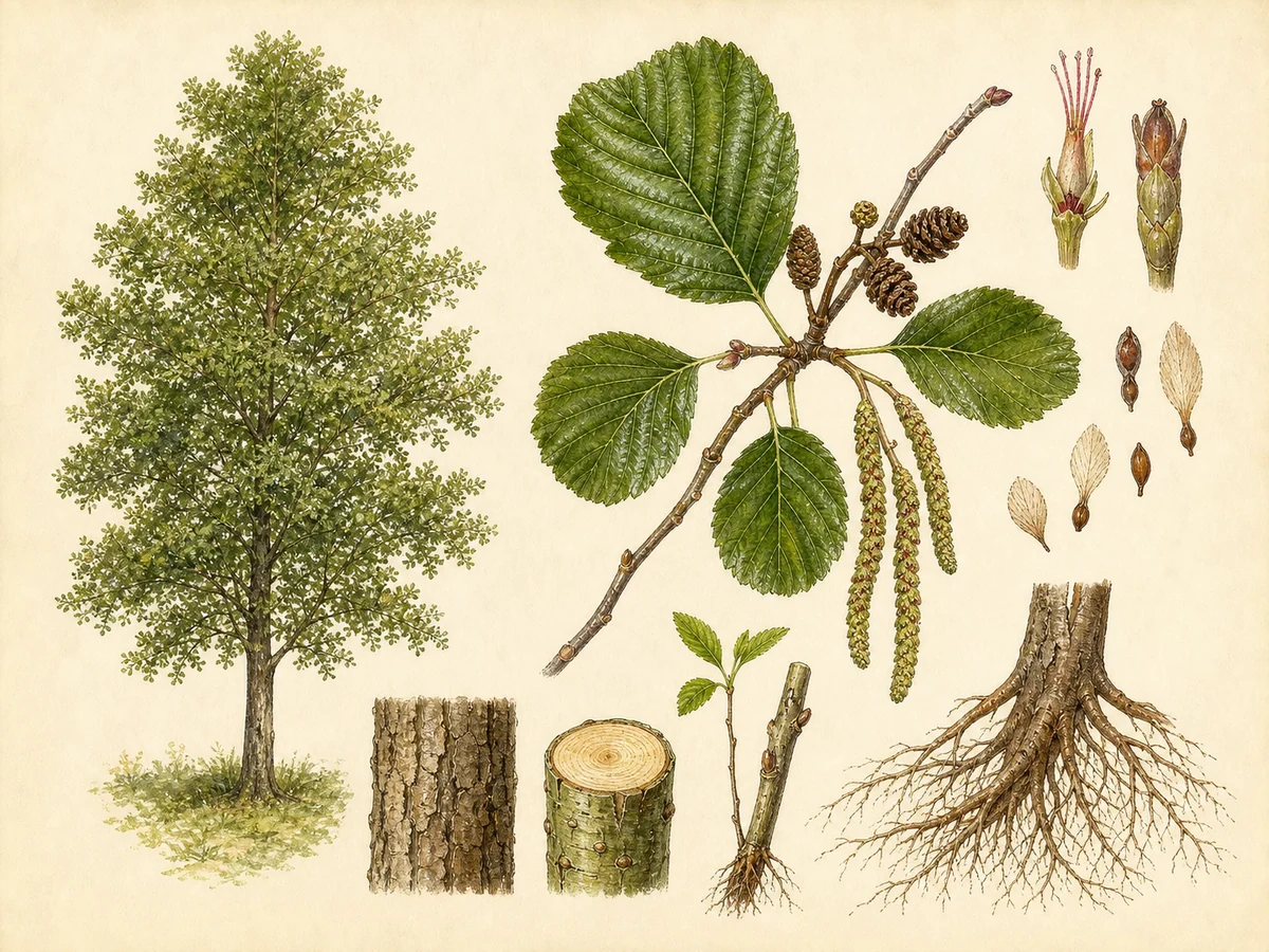 Prancha botânica complementar de Amieiro (Alnus glutinosa) com caracteres de identificação e ciclo de vida