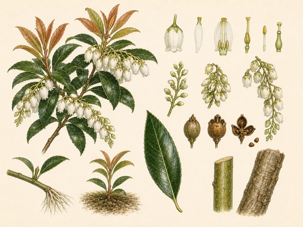 Prancha botânica complementar de Andrómeda-japonesa (Pieris japonica) com caracteres de identificação e ciclo de vida