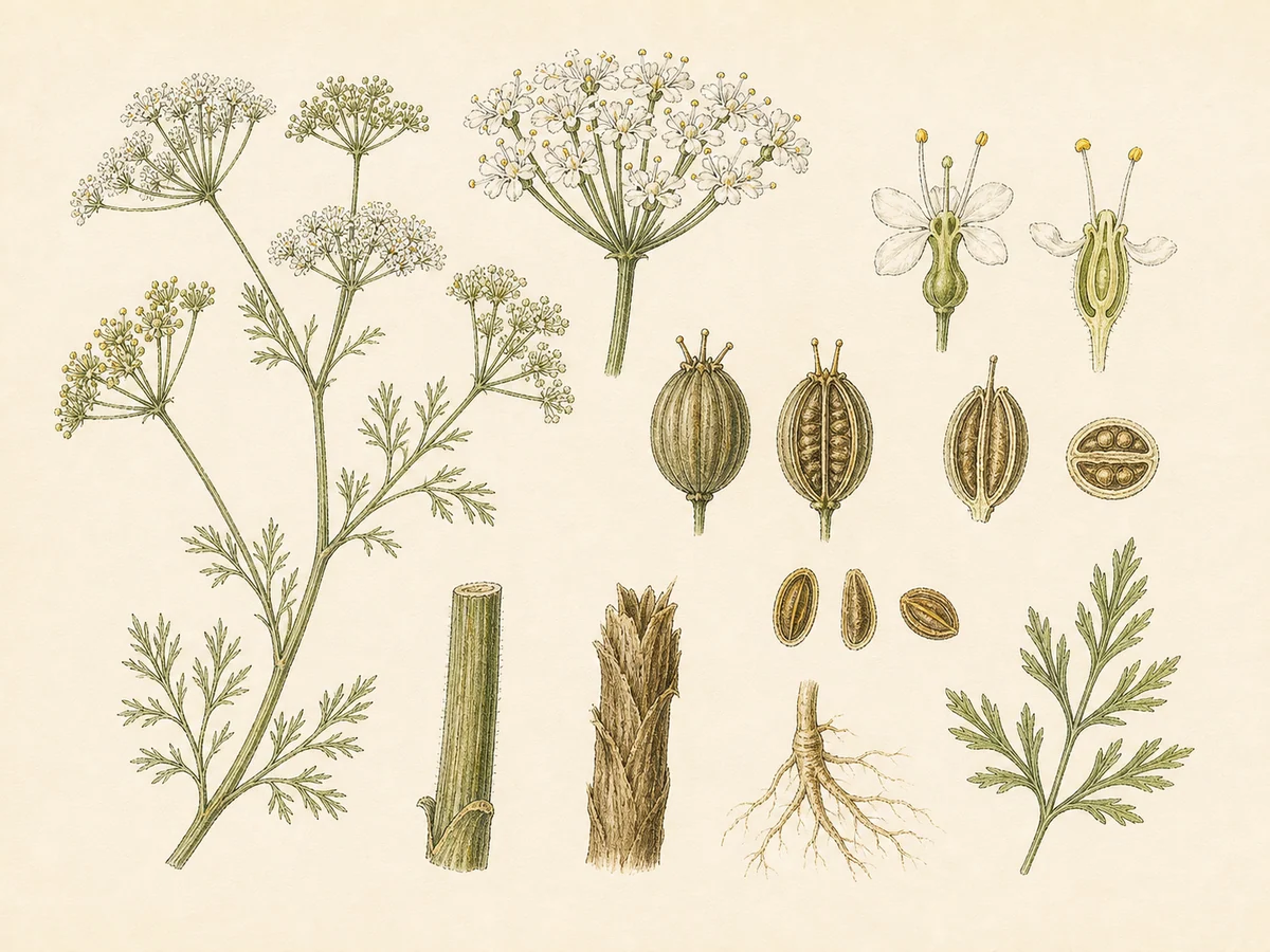 Prancha botânica complementar de Anis (Pimpinella anisum) com caracteres de identificação e ciclo de vida