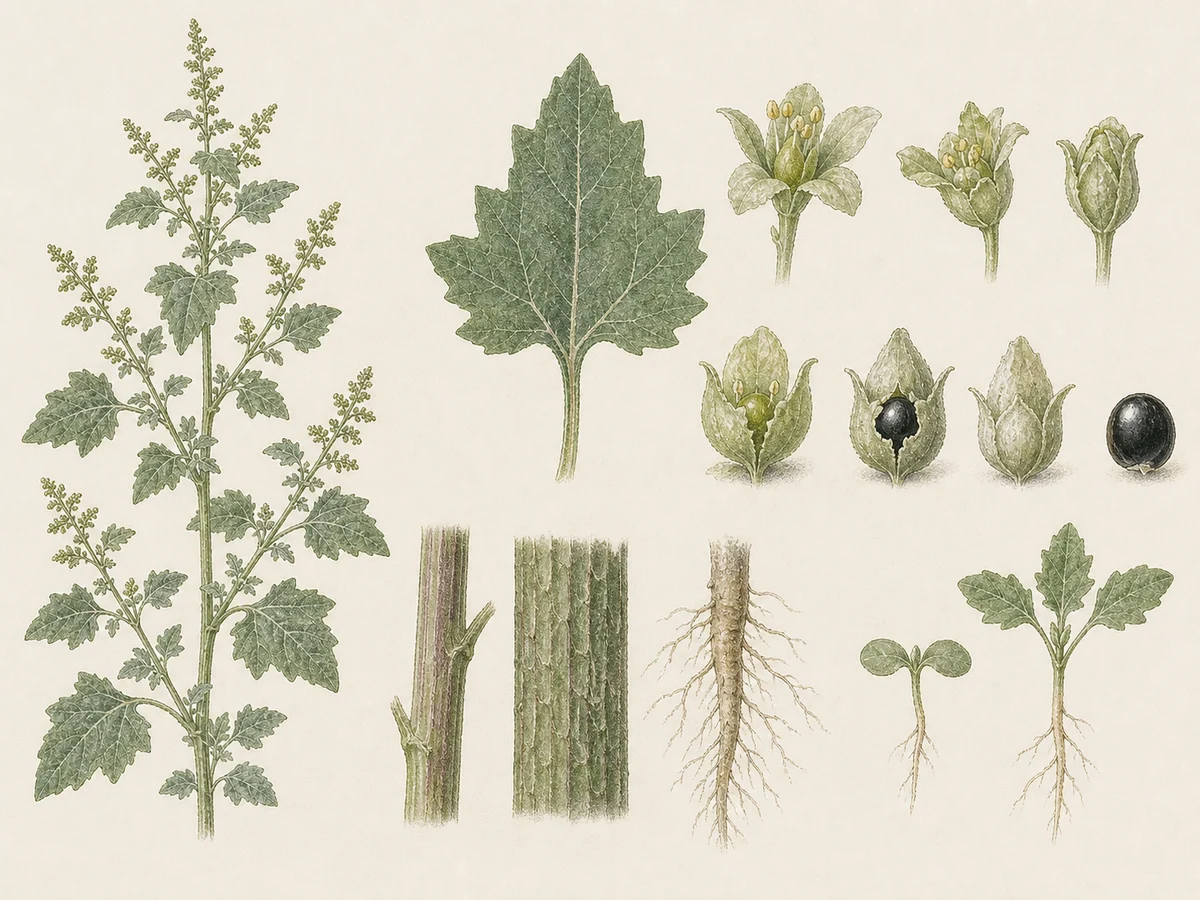 Prancha botânica complementar de Ansarina-branca (Chenopodium album) com caracteres de identificação e ciclo de vida