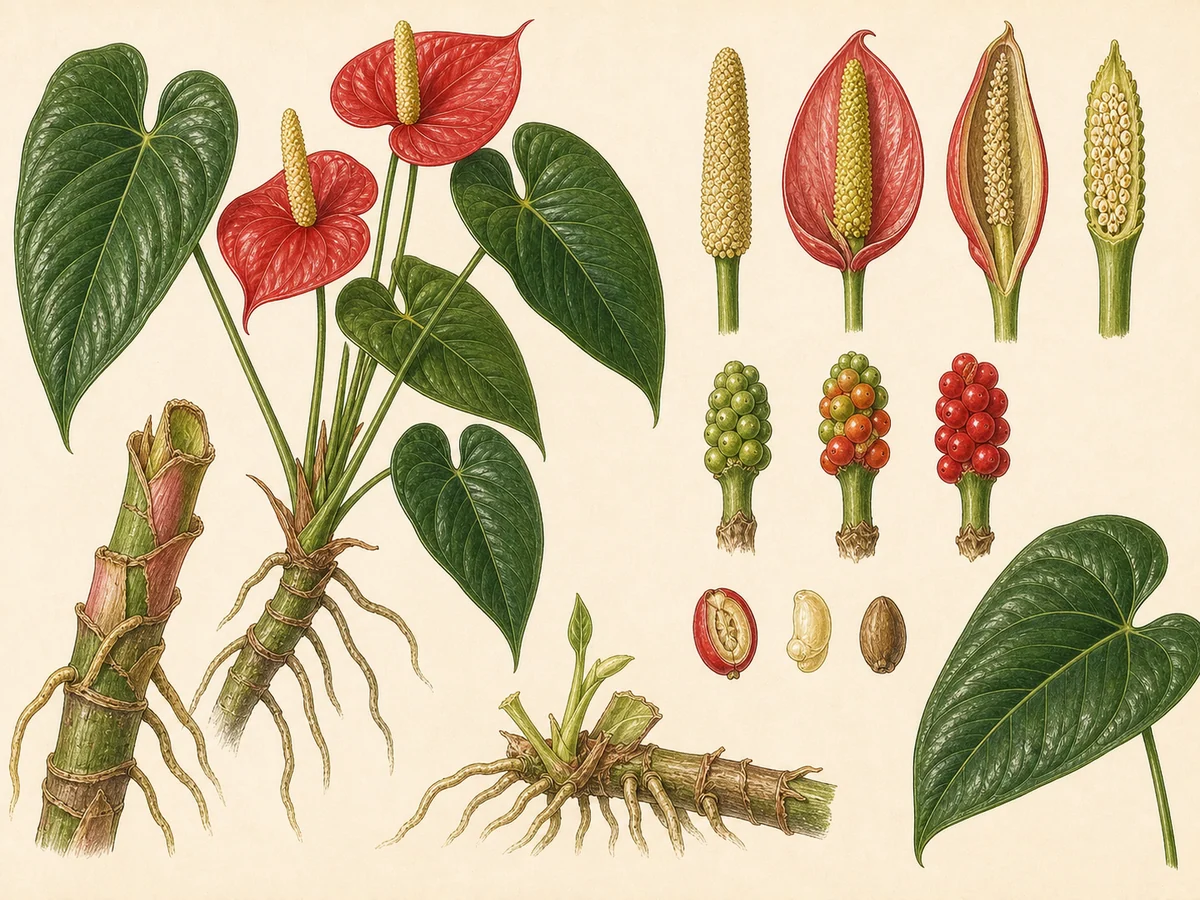 Prancha botânica complementar de Antúrio (Anthurium andraeanum) com caracteres de identificação e ciclo de vida