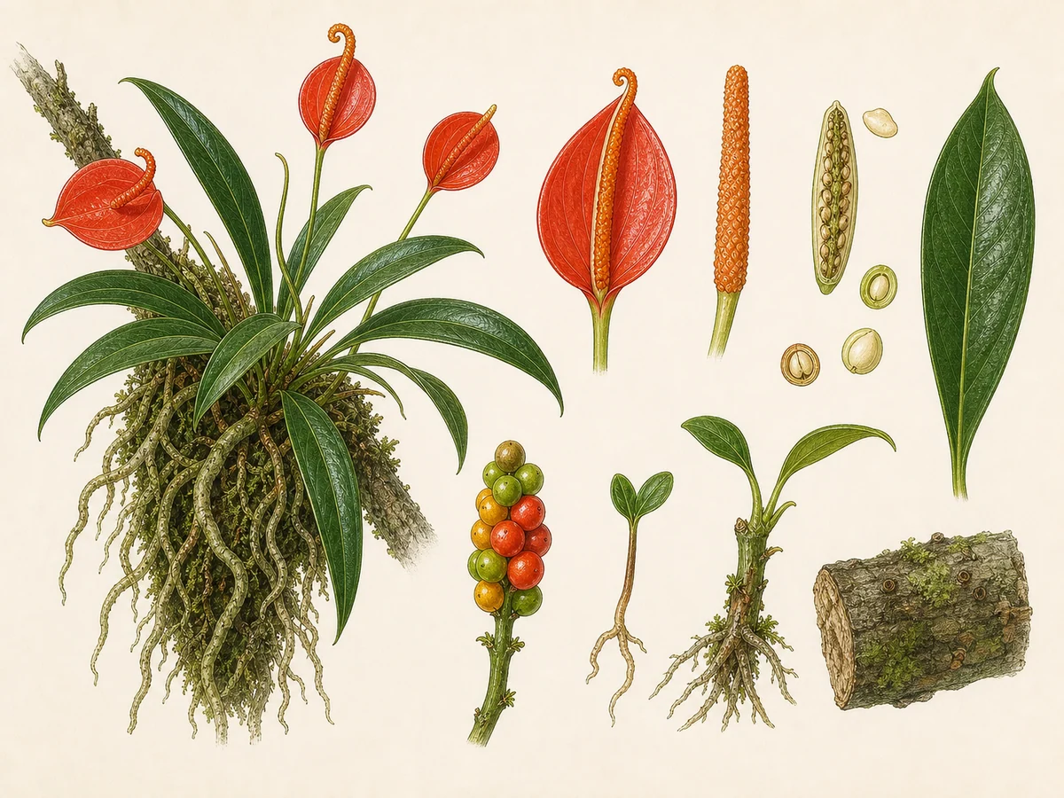 Prancha botânica complementar de Antúrio-de-scherzer (Anthurium scherzerianum) com caracteres de identificação e ciclo de vida