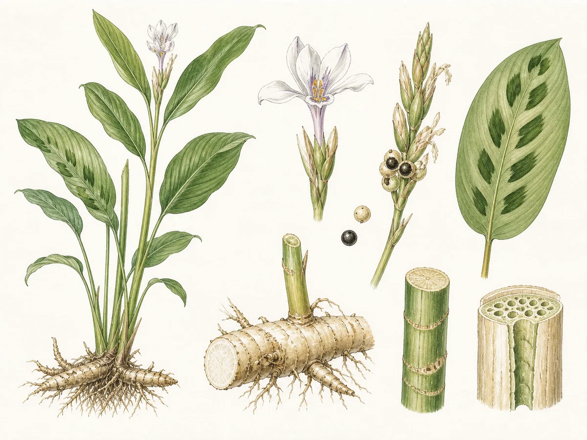 Prancha botânica complementar de Araruta (Maranta arundinacea) com caracteres de identificação e ciclo de vida