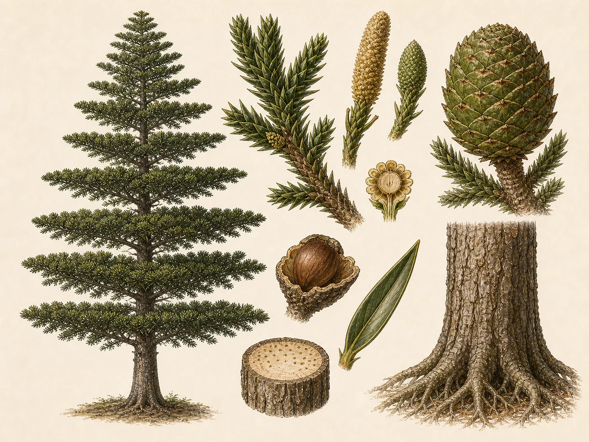 Prancha botânica complementar de Araucária-bunya (Araucaria bidwillii) com caracteres de identificação e ciclo de vida