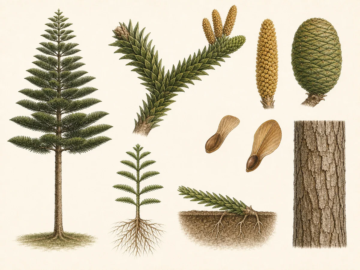 Prancha botânica complementar de Araucária-de-norfolk (Araucaria heterophylla) com caracteres de identificação e ciclo de vida