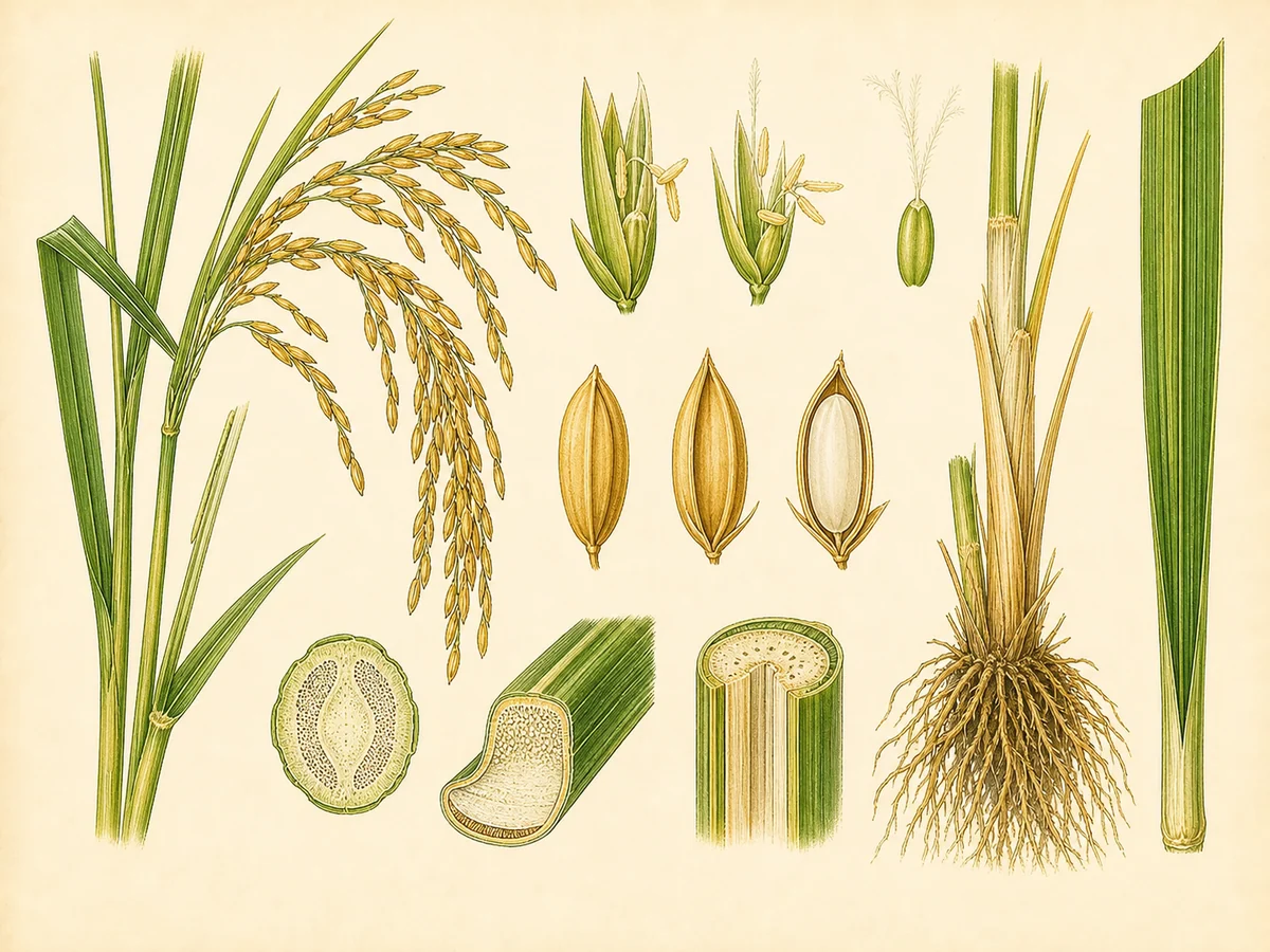 Prancha botânica complementar de Arroz (Oryza sativa) com caracteres de identificação e ciclo de vida