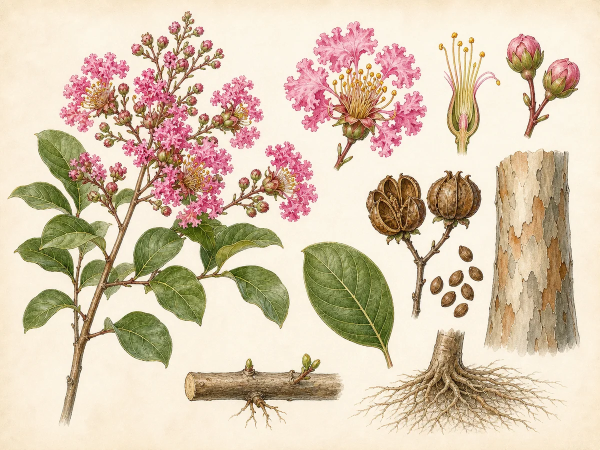 Prancha botânica complementar de Árvore-de-Júpiter (Lagerstroemia indica) com caracteres de identificação e ciclo de vida