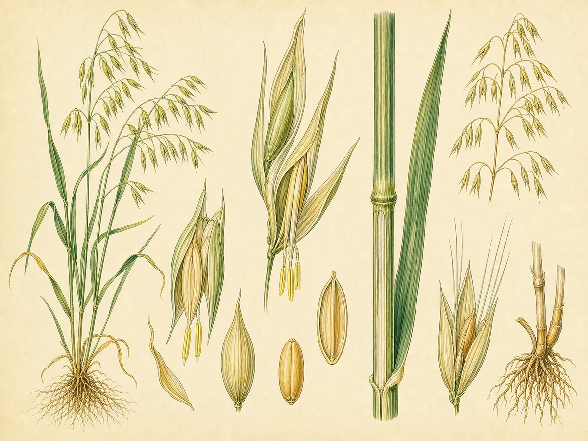 Prancha botânica complementar de Aveia (Avena sativa) com caracteres de identificação e ciclo de vida