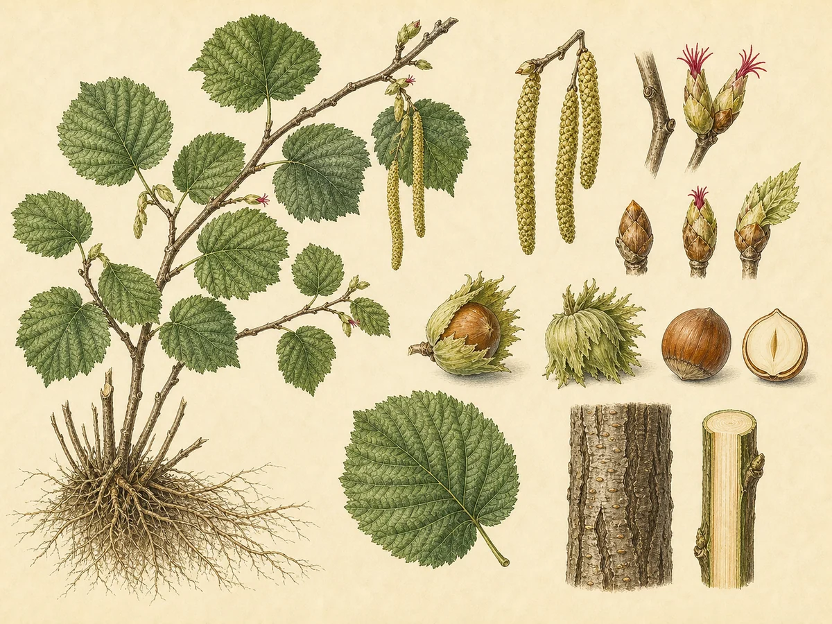 Prancha botânica complementar de Aveleira (Corylus avellana) com caracteres de identificação e ciclo de vida
