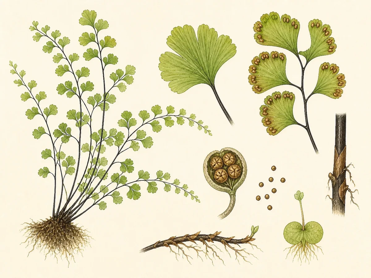 Prancha botânica complementar de Avenca (Adiantum capillus-veneris) com caracteres de identificação e ciclo de vida