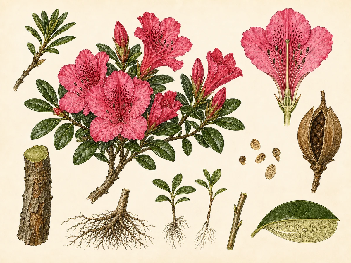 Prancha botânica complementar de Azálea-indica (Rhododendron indicum) com caracteres de identificação e ciclo de vida