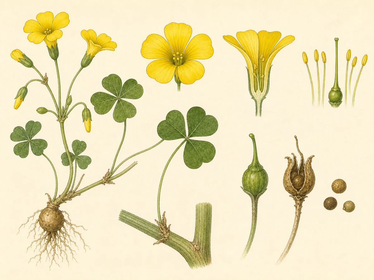 Prancha botânica complementar de Azedas — não plantar (Oxalis pes-caprae) com caracteres de identificação e ciclo de vida