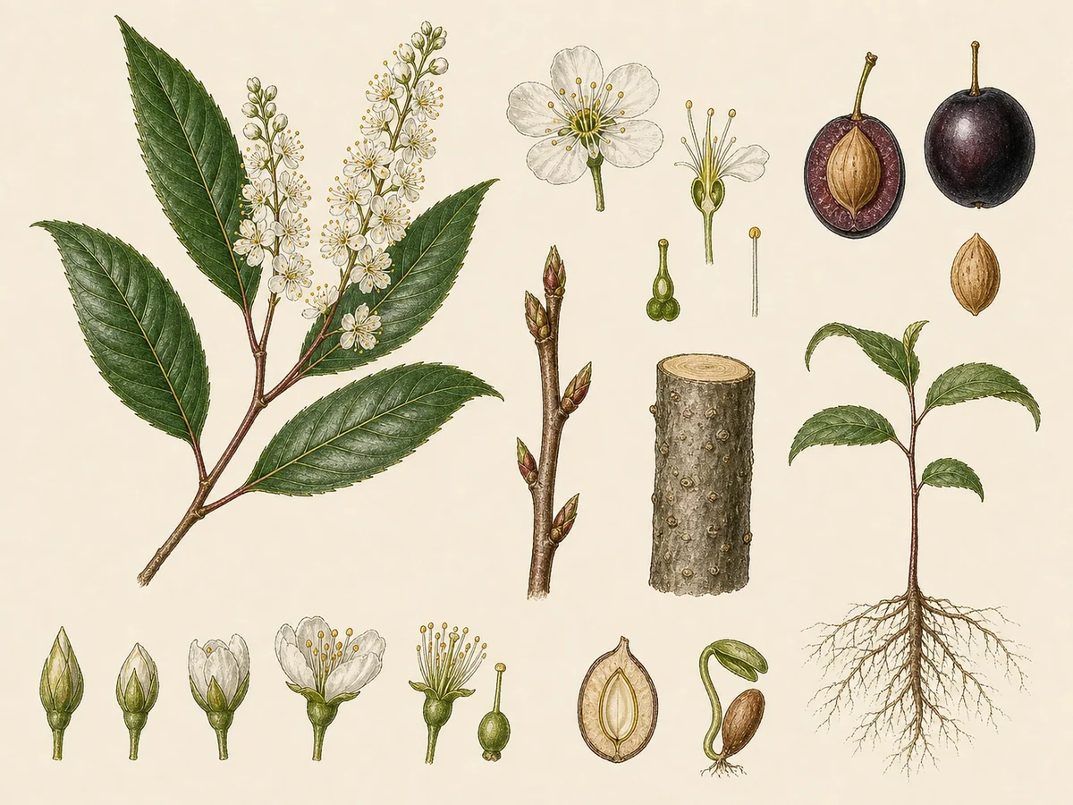 Prancha botânica complementar de Azereiro (Prunus lusitanica subsp. lusitanica) com caracteres de identificação e ciclo de vida