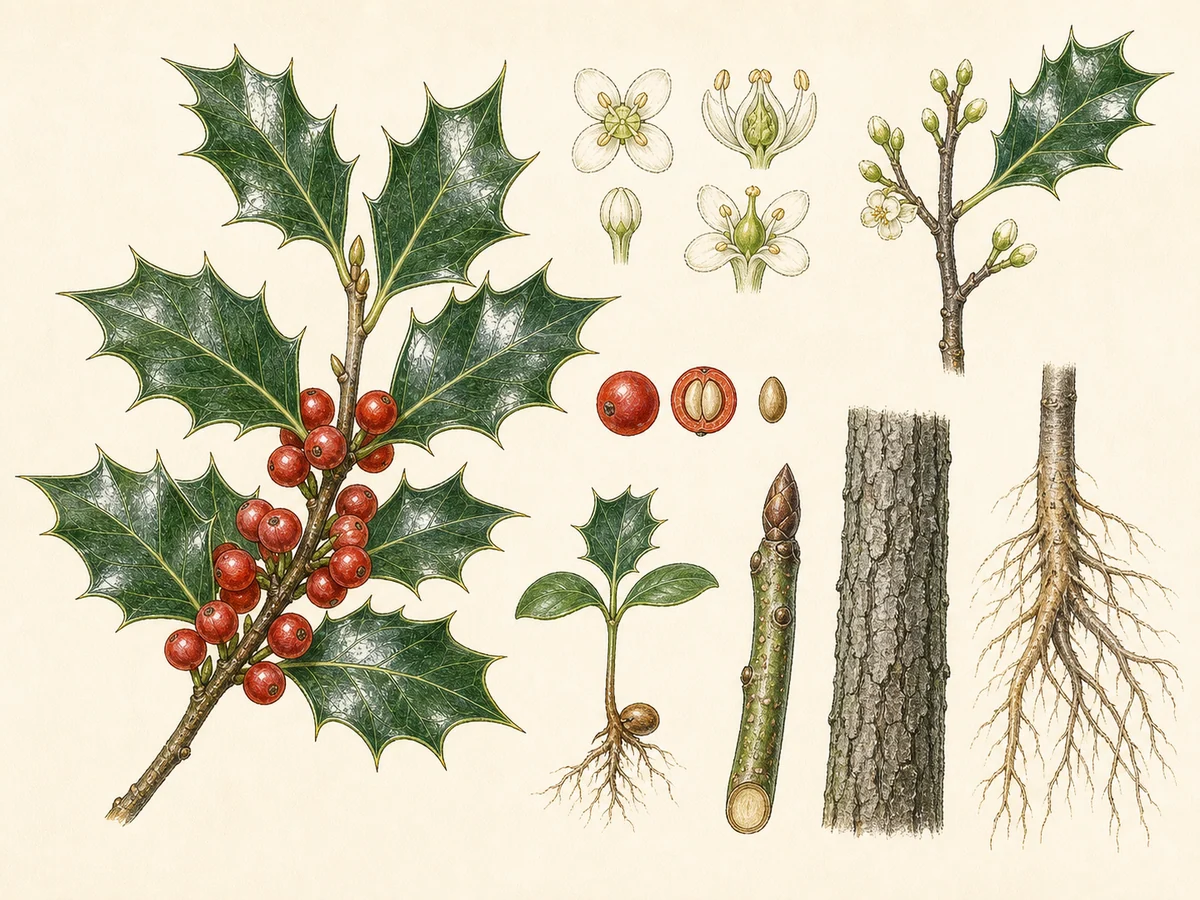 Prancha botânica complementar de Azevinho (Ilex aquifolium) com caracteres de identificação e ciclo de vida