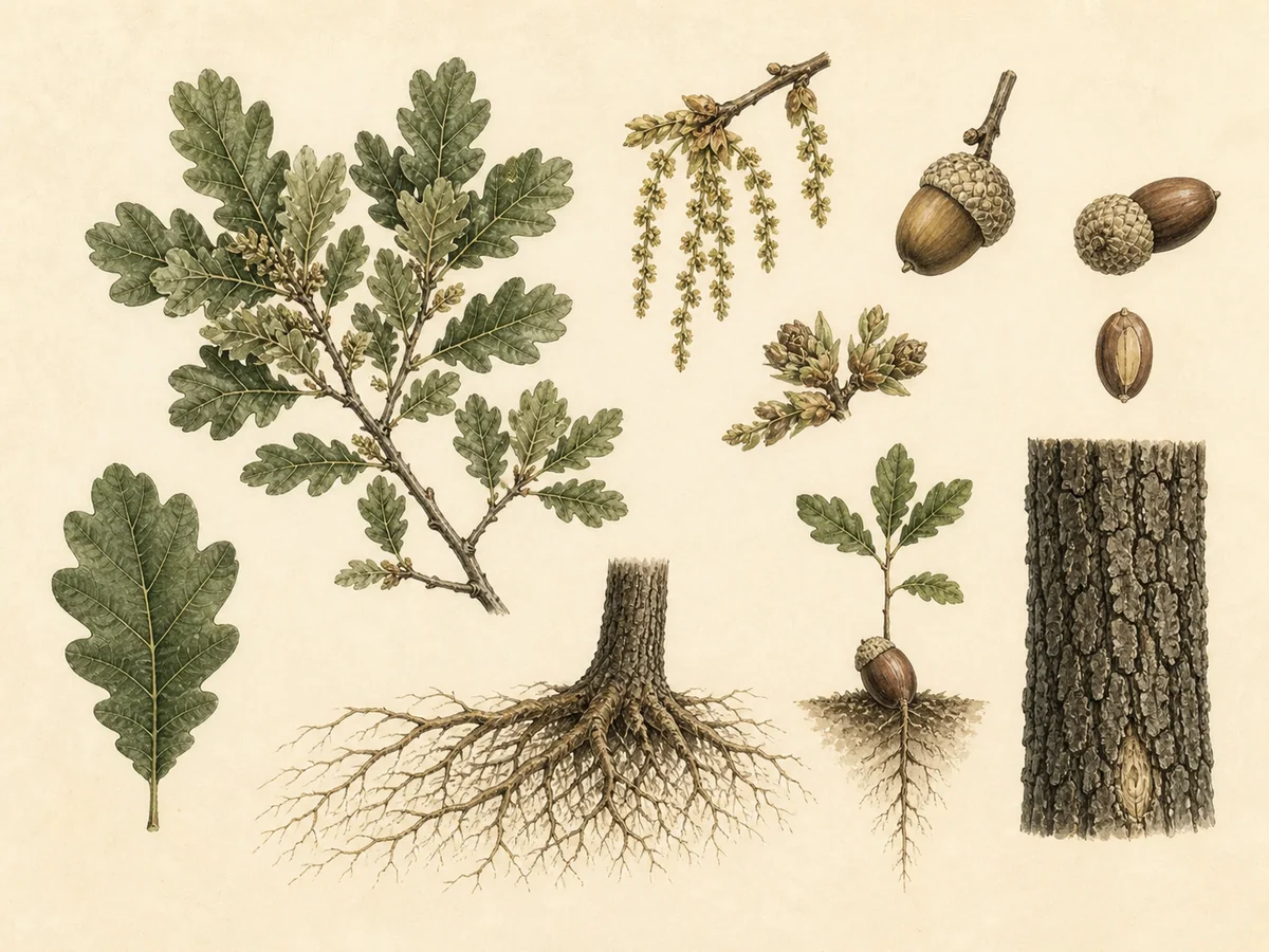 Prancha botânica complementar de Azinheira (Quercus rotundifolia) com caracteres de identificação e ciclo de vida